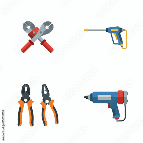 Flat Vector Icon Set of Automotive Workshop Tools Including Hammer, Wrench, Pipe Wrench, Electric Drill, Drill Bits, Hydraulic Jack, Screwdriver, Spanner, Socket, Ratchet, Pliers, Measuring Gauge, Con