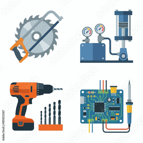 Flat Vector Icon Set of Automotive Workshop Tools Including Hammer, Wrench, Pipe Wrench, Electric Drill, Drill Bits, Hydraulic Jack, Screwdriver, Spanner, Socket, Ratchet, Pliers, Measuring Gauge, Con
