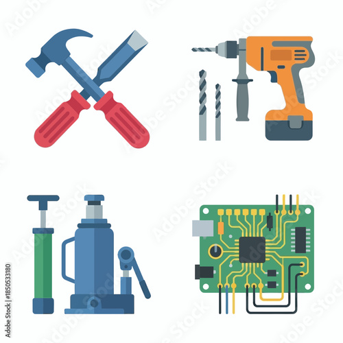 Flat Vector Icon Set of Automotive Workshop Tools Including Hammer, Wrench, Pipe Wrench, Electric Drill, Drill Bits, Hydraulic Jack, Screwdriver, Spanner, Socket, Ratchet, Pliers, Measuring Gauge, Con