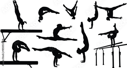 Gymnastics silhouette collection featuring female athletes performing stunts, balance beam, uneven bars, handstand, split jump, sport vector illustration set