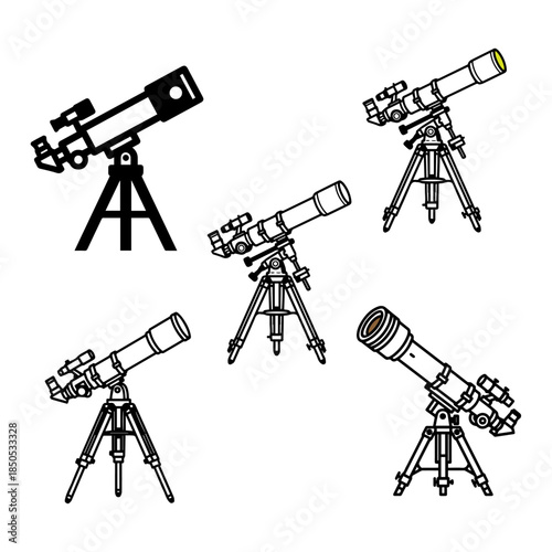 telescope featuring astronomy equipment, stargazing tools, and optical viewing devices on tripods silhouette pack