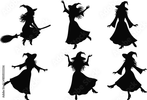Halloween witch silhouette collection featuring flying on broomstick, dancing poses, magic woman in hat, fantasy vector illustration set, black and white spooky character design