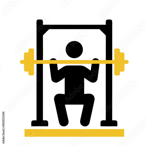 Dynamic fitness icon representing a person performing a barbell squat exercise using a smith machine, symbolizing strength training, workout routines, and healthy lifestyle goals