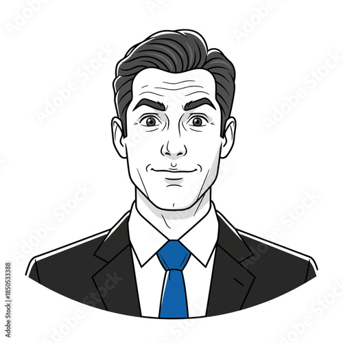 Illustration of a businessman with a blue tie smiling in a corporate environment from a front viewpoint