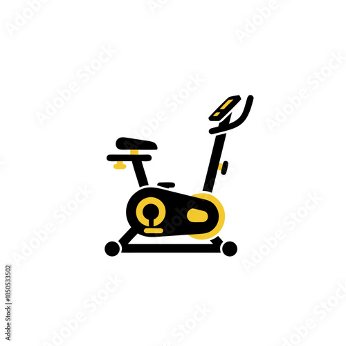 Sleek black and yellow stationary exercise bike vector icon, perfect for illustrating fitness, indoor cycling, cardio workouts, and home gym equipment concepts