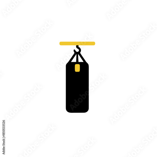 Minimalist flat vector illustration of a black punching bag with a yellow hanging hook, ideal for fitness, boxing training, gym activities, and combat sports