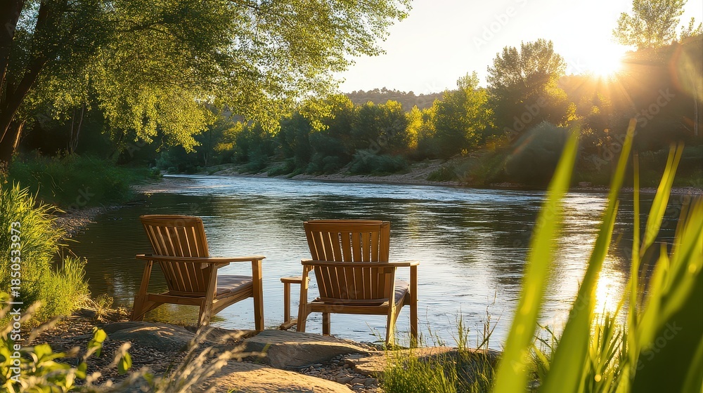 Fototapeta premium Serene Retreat by the Tranquil River at Sunrise with Chairs for Relaxation