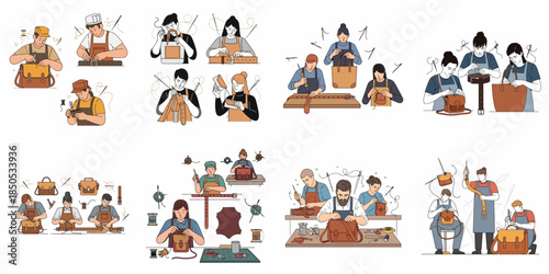 Leather Craftsmanship Workshop Set: Illustrations of Artisans Handcrafting Bags, Belts, and Wallets with Traditional Tools and Techniques.