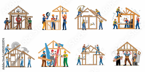 Set of illustrations depicting carpenters and construction workers building wooden house frames and roof structures using various tools.