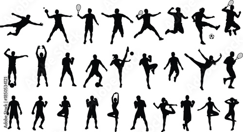 Large collection of black silhouettes of athletes playing soccer, tennis, and fighting, isolated on white background for sport, fitness, competition, and active lifestyle design vector