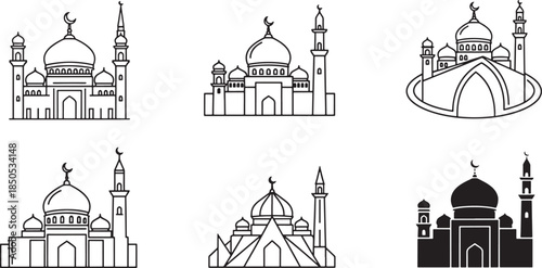 Islamic Mosque Architecture Line Art and Silhouette Icon Set for Ramadan Kareem Religious Celebration and Middle Eastern Cultural Landmark Design