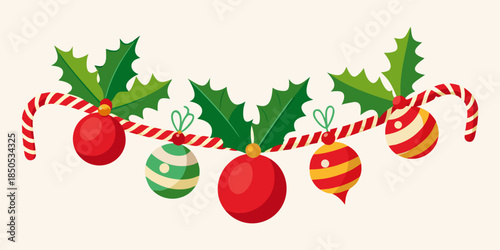 Festive Christmas Garland with Holly, Ornaments, and Candy Canes - A Cheerful Holiday Decoration