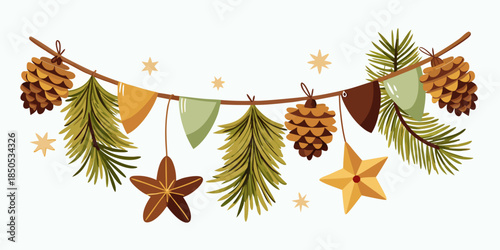 Festive Christmas garland with pine cones, fir branches, stars, and pennant flags, evoking a warm holiday celebration and seasonal decor