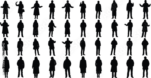 Large set of black silhouettes showing men and women wearing winter coats standing in various poses isolated on white background for fashion design vector illustration