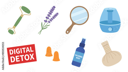 Relaxation and Self Care Essentials for Digital Detox Jade Roller Lavender Mirror Humidifier Calming Mist Herbal Compress Earplugs