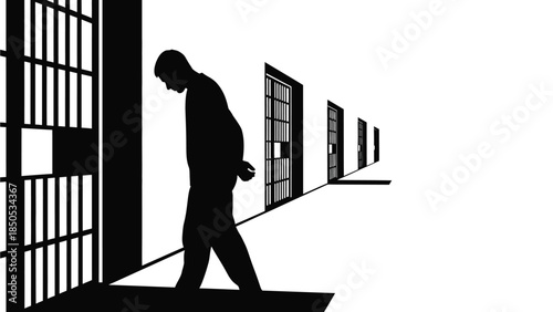 Silhouette of a dejected inmate walking down a stark prison corridor toward endless barred doors