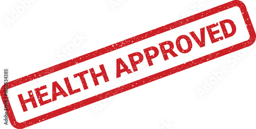 Red grunge stamp with textured effect indicating official HEALTH APPROVED status for products or services