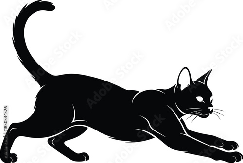 Elegant black silhouette of a cat stretching forward vector illustration isolated on white background for halloween or pet logo design