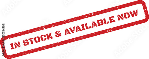 Red grunge texture rubber stamp mark displaying in stock and available now message