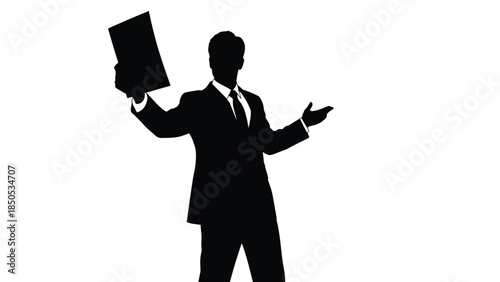 Silhouette of a businessman in a suit presenting a document with an open gesture on white