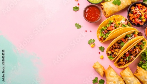 Diagonal flat lay border of mexican food with tacos spring rolls salsa and guacamole bowls on vibrant pink and teal background with copy space