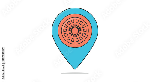 abstract map location pin icon with circular target symbol on white background flat gps navigation marker for app ui and travel branding