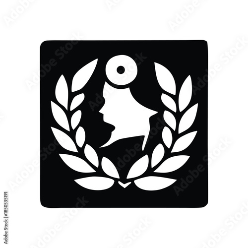 Black and white emblem featuring a profile silhouette of a head surrounded by a laurel wreath, symbolizing achievement and recognition