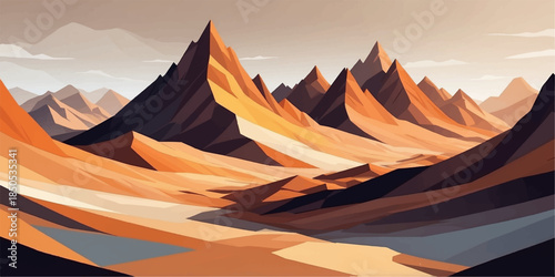 Contemporary graphic illustration of a majestic mountain sunset for background or decor.