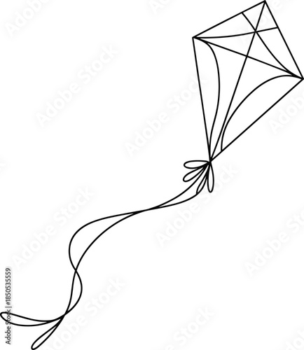 Traditional kite line drawing, black and white vector, symmetrical diamond shape, flying string design, minimal illustration for education, recreation, and aerodynamics