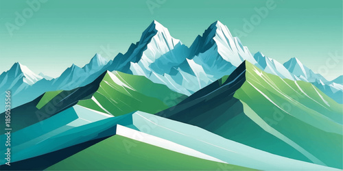 Modern digital art depicting a peaceful wilderness scene with stylized mountains and evergreen trees.