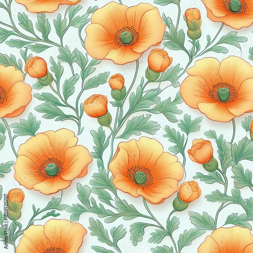 delicate seamless pattern of orange poppy flowers, closed buds, green seed pods and soft green foliage on a light background conveying cheerful calm