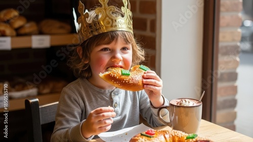 Young child wearing a golden crown enjoys a colorful Epiphany Roscon King Cake while seated at a cozy cafe table with baked goods in the background, celebrating a festive occasion