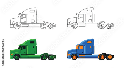 Stylized side-view illustrations of a semi-truck tractor unit, featuring outline drawings alongside vibrant green and blue digital renderings.