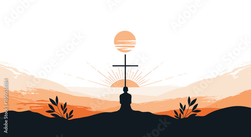 Silhouette of a person kneeling at the cross against a vibrant sunrise, symbolizing faith, hope, and spiritual devotion in a peaceful landscape.