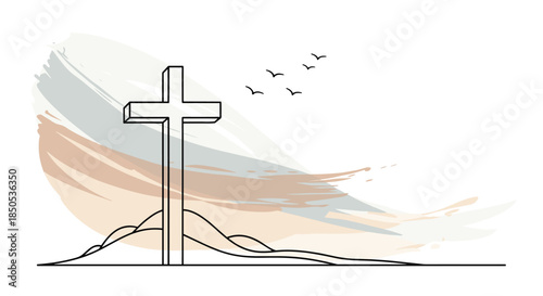 A stylized Christian cross stands on a serene hill, with a flock of birds soaring against an abstract backdrop of gentle, warm brushstrokes.