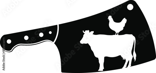 Butcher cleaver silhouette with cow and chicken, meat processing vector illustration for food industry, farming, protein source, and culinary themes