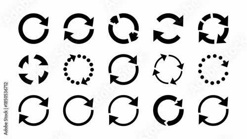 Collection of Black Circular Arrows and Rotation Symbols, Vector Loop Icons, Refresh and Reload Signs, Curved Arrow Graphics, Circular Motion Illustrations, Simple Design, Minimalist White Background
