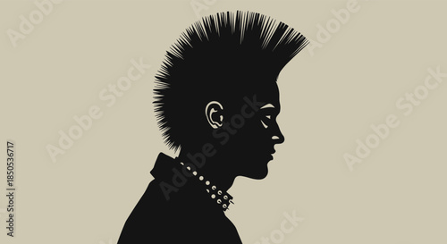 Side profile silhouette of a punk rock person with a mohawk hairstyle and a spiked collar, depicting rebellious youth culture.