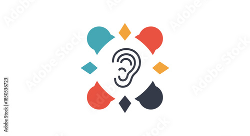 active listening icon with ear and diverse speech bubbles in flat style illustrating communication skills for teamwork training
