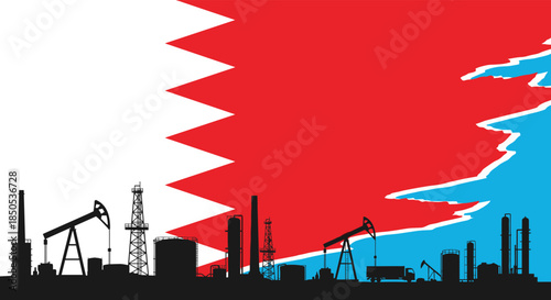 Silhouette of oil and gas industry infrastructure against a stylized Bahrain flag background, with blue elements suggesting water or environmental impact.