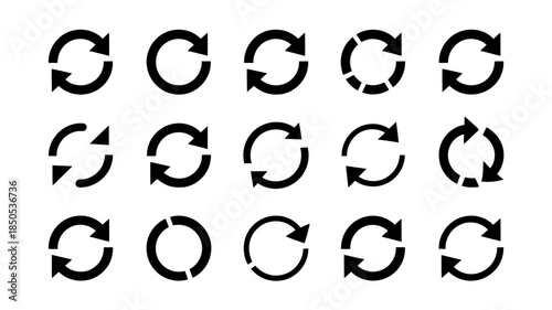 Collection of Black Circular Arrows and Rotation Symbols, Vector Loop Icons, Refresh and Reload Signs, Curved Arrow Graphics, Circular Motion Illustrations, Simple Design, Minimalist White Background