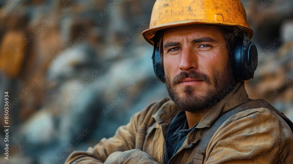 Fototapeta premium dusty construction worker in yellow hard hat and earmuffs wearing a worn jacket with folded arms against a rocky industrial background, appearing determined and weathered