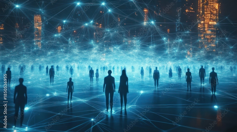 custom made wallpaper toronto digitalSilhouetted people on a glowing blue digital network grid beneath a luminous web of connected nodes with distant city skyline, futuristic and mysterious mood