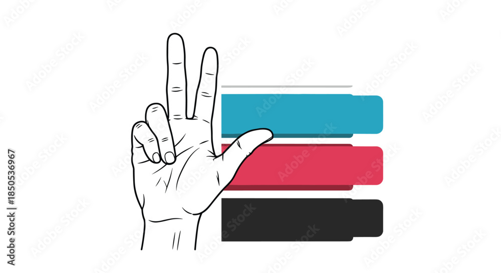 Fototapeta premium A hand displaying a three-finger count or gesture, positioned beside an infographic illustration with three distinct, layered colored bars representing options or steps.