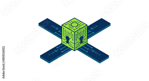 artificial intelligence security cube with circuit board silhouettes on crossed digital pathways symbolizing data protection and cybersecurity
