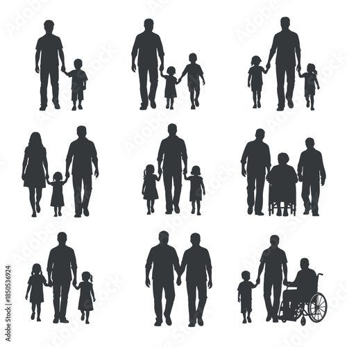 Diverse Family Silhouettes Parents and Children in Various Arrangements.