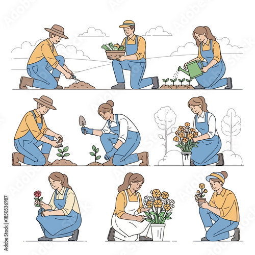 Diverse Group of People Gardening and Planting Flowers.