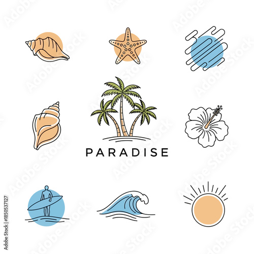 Paradise themed vector icons featuring palm trees seashells and ocean elements.