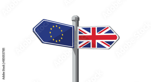 Road sign with EU and UK flags pointing opposite ways, illustrating the concept of Brexit, political division, or a crucial choice.