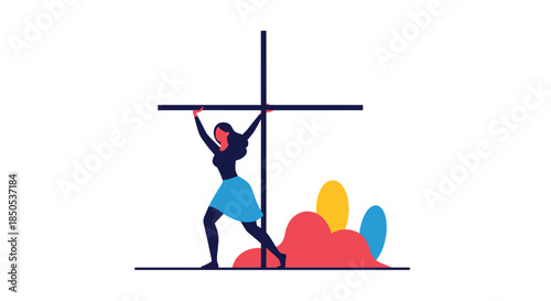 Strong woman holding up a heavy cross, symbolizing burden, faith, or support in a minimalist graphic style.